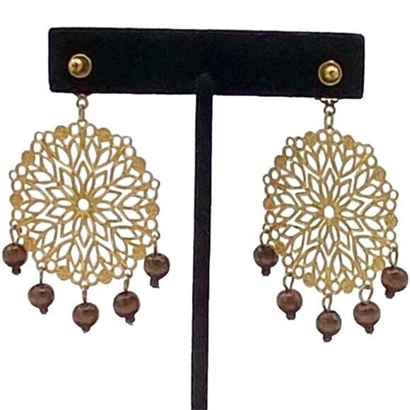 Gold Filigree Statement Earrings with Bead Drops - Picture 4 of 7